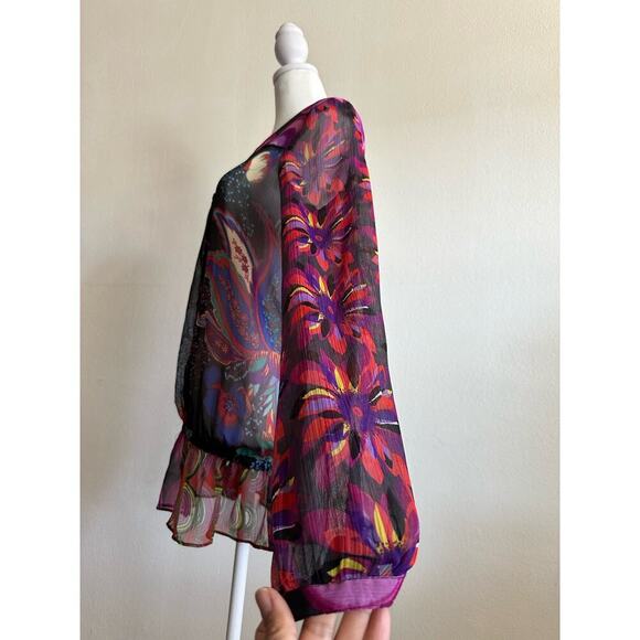 Desigual Sheer Multi Color Floral Print Long Sleeve Tunic Blouse Top Y2K Size M - Picture 6 of 9